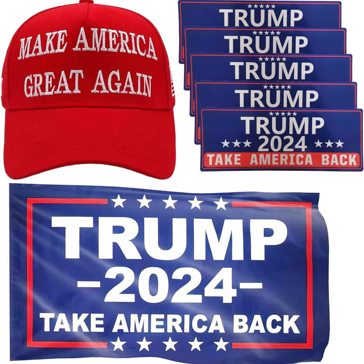 MAGA Hat Trump 2024 Hat Set, Donald Trump 45-47 Make America Great Again MAGA Hat, Take America Back Flag and 5Pcs Trump Stickers, Camo Embroidered Adjustable Baseball Cap